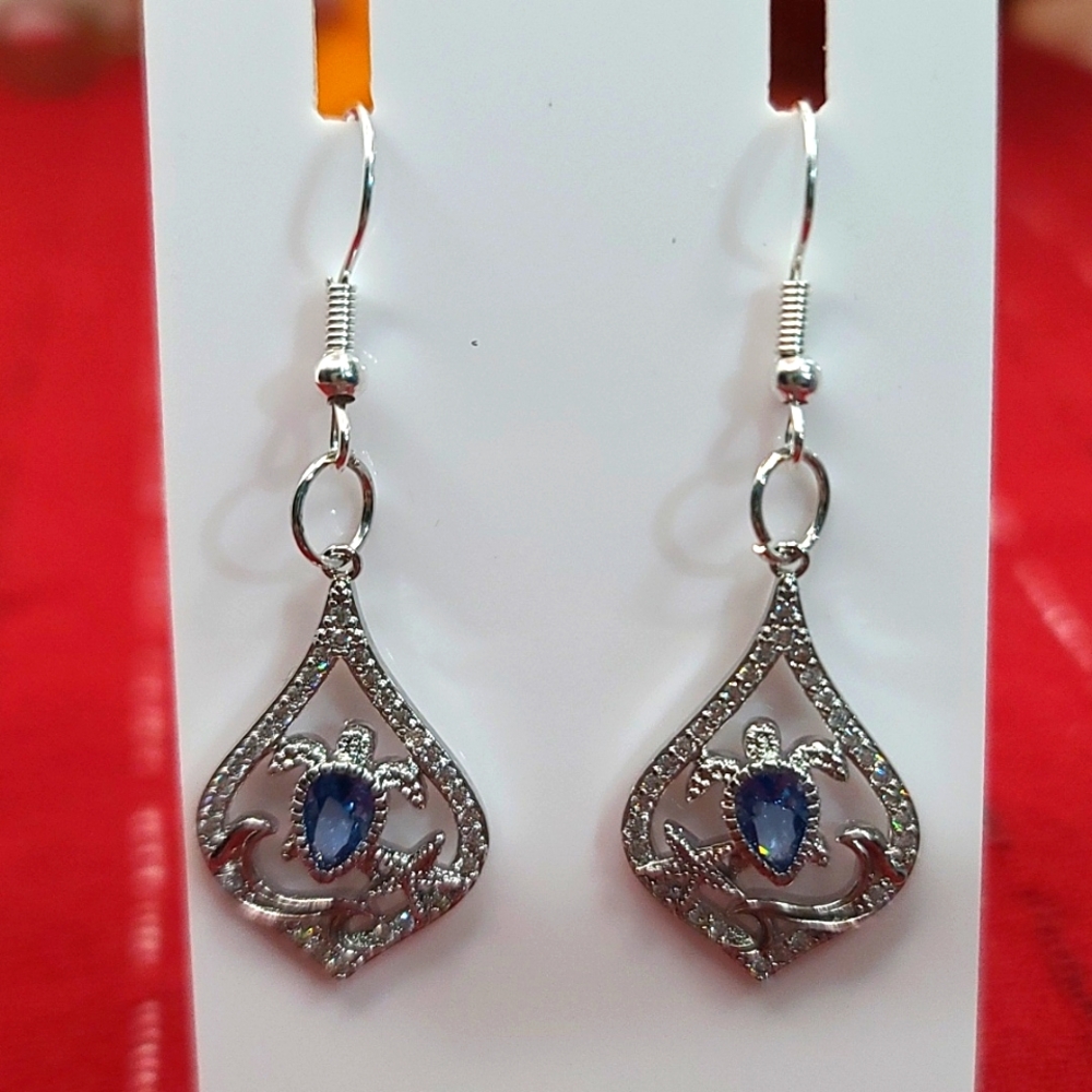 Turtle Rhinestone Dangle Drop Earrings - Picture 2 of 5